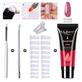 Poly gel nail extension kit with red glitter gel, dual-ended brush and clear molds - Red Summer (Summer Red Glitter)