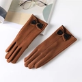 Caramel brown plush suede gloves for women featuring elegant black decorative bows - Caramel color