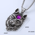 Detailed view of silver wolf head pendant with purple gemstone and size measurements - Wolf Head Purple Gemstone Style (Style 16)