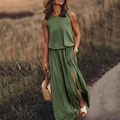 Mouwloze olijfgroene maxi-jurk met ronde hals, zijsplit en trekkoord in de taille - S / Dresses / Donkergroen