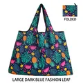 Foldable large shopping bag in navy blue featuring flamingos and tropical leaves - Large - Dark Blue Fashion Leaves