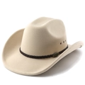 Classic beige western cowboy hat with wide brim, braided band and vintage metal logo - M (56-58cm) / Beige