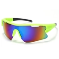 Neon green wrap-around cycling sunglasses with multi-color rainbow mirror lenses - Large Frame Sports Style (89413) / Green Frame Iridescent Blue