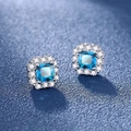 Square-cut lake blue gemstone stud earrings with silver base and halo diamond setting - Sea Blue Square (LED-6)