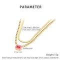 Double-layered gold chain with a pink enamel rectangle pendant and red gemstone detail - Gold with Red Pendant (KN287603-GC)