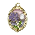 French vintage purple floral enamel oval pendant with gold frame and pearl detail - Pink Purple Oval Cherry Blossom-22094