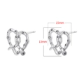 Detail showing dimensions of silver heart stud earrings with sparkling cubic zirconia - Small Heart Pretzel Knot (VE1506) / White Gold