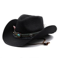 Black straw cowboy hat with ethnic style beads, turquoise stone and adjustable chin strap - M (56-58cm) / Black