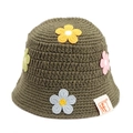 Detail of army green crochet bucket hat featuring colorful 3D handmade floral knit patterns - One Size / Green