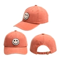 Detailed views of cotton baseball cap with smiley face embroidery and metal buckle - Orange