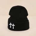 Classic black knitted beanie with white double cross embroidery patches for winter warmth - Double Cross Embroidery / Black