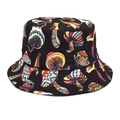 Close-up of colorful mushroom patterns on a black canvas bucket hat with detailed stitching - M (56-58cm) / Abstract Mushroom (4#)