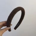 Close-up of brown plush headband with handmade label and soft wool-like texture - Woolen Headband / Dark Coffee