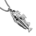 Men's silver fish bone pendant necklace in polished stainless steel with woven chain - Silver Fish Bone