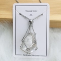 Silver metal mesh cage necklace with natural transparent crystal and handmade card - Silver Clear Quartz