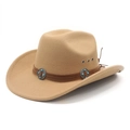 Ethnic style beige wool felt fedora hat with turquoise leather band and metal vents - M (56-58cm) / Camel