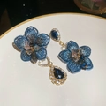 Macro view of blue embroidery flower earrings with sparkling water drop crystals and gold trim - Blue Embroidery Flower Blue Water Drop Pendant (4#)