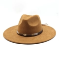 Camel wide brim fedora hat with a decorative shell band in a vintage bohemian style - M (56-59cm) / Khaki Suede