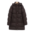 Women's chocolate brown hooded puffer coat with quilted texture and gold metal snaps - XS / Coffee