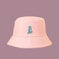 Close-up of blue dinosaur embroidery on a soft pink wide-brimmed cotton fisherman hat - One Size / Pink