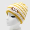 Gelb gestreifte Strickmütze für Damen und Herren aus warmer Mohairwolle mit ADER-Patch - M(56-58cm) / Gelb-Weiß Gestreift