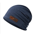 Dark blue-grey knitted beanie with fishbone metal relief and ribbed texture - One Size / Navy Blue