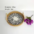 Handwoven rattan round tray with shell inlay petal pattern and wooden handles 22x3cm - Black Leaf / Small 22x3cm