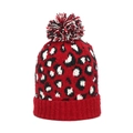 Close-up of leopard pattern knitted beanie with fluffy pompom and ribbed cuff - Dark Red