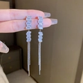 Long silver tassel earrings featuring rectangular cubic zirconia and delicate metal chains - 61# Silver Earring Post-Silver Trapezoid Chain