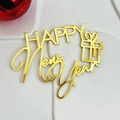 Golden acrylic Happy New Year cake topper with gift box design for side decoration - English Happy New Year Style 3 / Gold