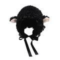 Cute black plush lamb ear bonnet hat with lace trim and ribbons for winter warmth - One Size / Black