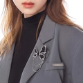 Elegant silver butterfly brooch with black inserts and tassel chain on a grey suit lapel - 330# Butterfly Chain