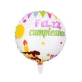 Close-up of 18-inch round foil balloon with Feliz Cumpleaños Spanish birthday greeting - Cake Spanish Birthday Round