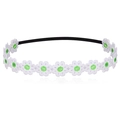 Detail of white embroidered daisies with green centers on a soft black baby headband - Light Green