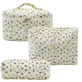Three-piece quilted cotton floral makeup bag set in cream yellow with blue flower patterns - Eggplant