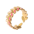 Pink enamel leaf open ring with 18k gold plating in minimalist aesthetic - Adjustable Open / Pink Tones Laurel Leaves