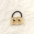 Elastic hair tie with a textured golden chain metal decoration and black band - Gold Double Buckle 5cm