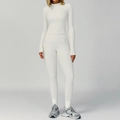White ribbed yoga set featuring a zip-up long sleeve top and high-waisted leggings - S / Jacket + Trousers / Milky Apricot