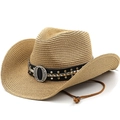 Classic straw western cowboy hat with studded black band and adjustable chin strap - M(56-58cm) / Khaki