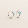 Elegant S925 silver hoop earrings featuring small blue butterfly charms with crystals - Platinum (Turquoise)