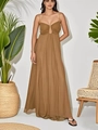 Detail of tan maxi dress featuring U-shape cutout chest and flowy chiffon fabric - S / Tan