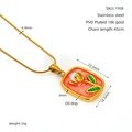 Collana a tulipano vintage in acciaio placcato oro 18k con smalto arancione e perla - Stile Fiore Rosso Rettangolare Foglia (ZX1958)