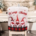 Linen Christmas chair cover with three gnomes and Merry Christmas text in red and grey - Red and Black Plaid/Merry Christmas