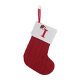 Red knit Christmas stocking with white cuff featuring a red embroidered letter I detail - Letter I