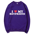 Purple crewneck sweatshirt featuring white I Love My Boyfriend heart print in size M - Purple Slogan