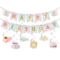 Floral tea party birthday decorations set with happy birthday banner and hanging swirls - Tea Party Banner And Hanging Swirls Set