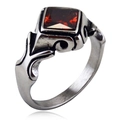 Retro Edelstahlring mit quadratischem rotem Edelstein und Vintage-Blumenschnitzerei - Größe 7 / Roter Zirkonia (LR923)
