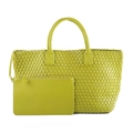 Green woven leather tote bag for women with matching pouch, stylish large shoulder bag. - Fruit Green