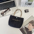 Navy denim mini tote bag with gold embroidery and colorful woven circular handles - Light Blue-Brown Mini