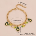 Gold stainless steel bracelet with green drop pendant and crystal beads with dimensions - Avocado Bracelet